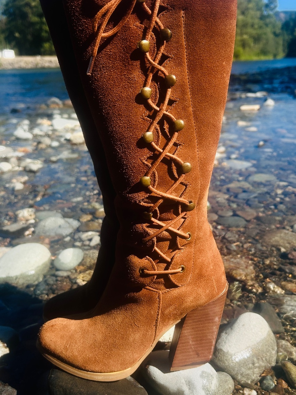 Sbicca Knee High Suede Boots 6.5 Cognac Brown Lace-Up Corset Block Heel Boho